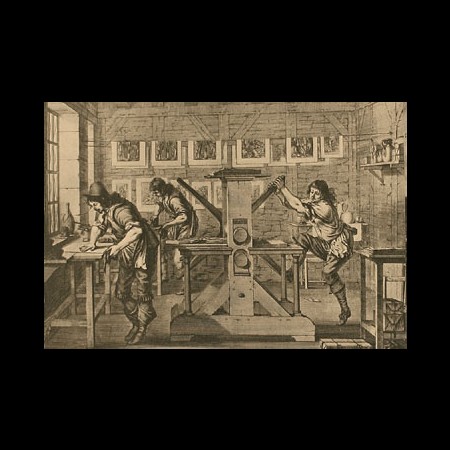 Incisione raffigurante una bottega in cui si stampano grandi mappe, sec. XVII