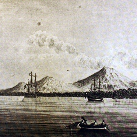 Veduta dell'ormeggio di Realejo e del vulcano del Viejo. La corvetta Descubierta